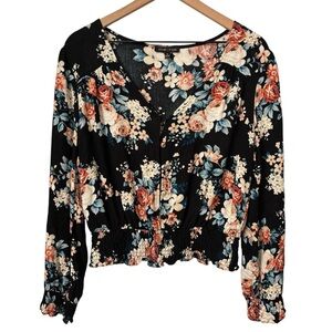 Moa Moa Smocked Floral Blouse Medium Long Sleeve Boho Cottagecore Feminine